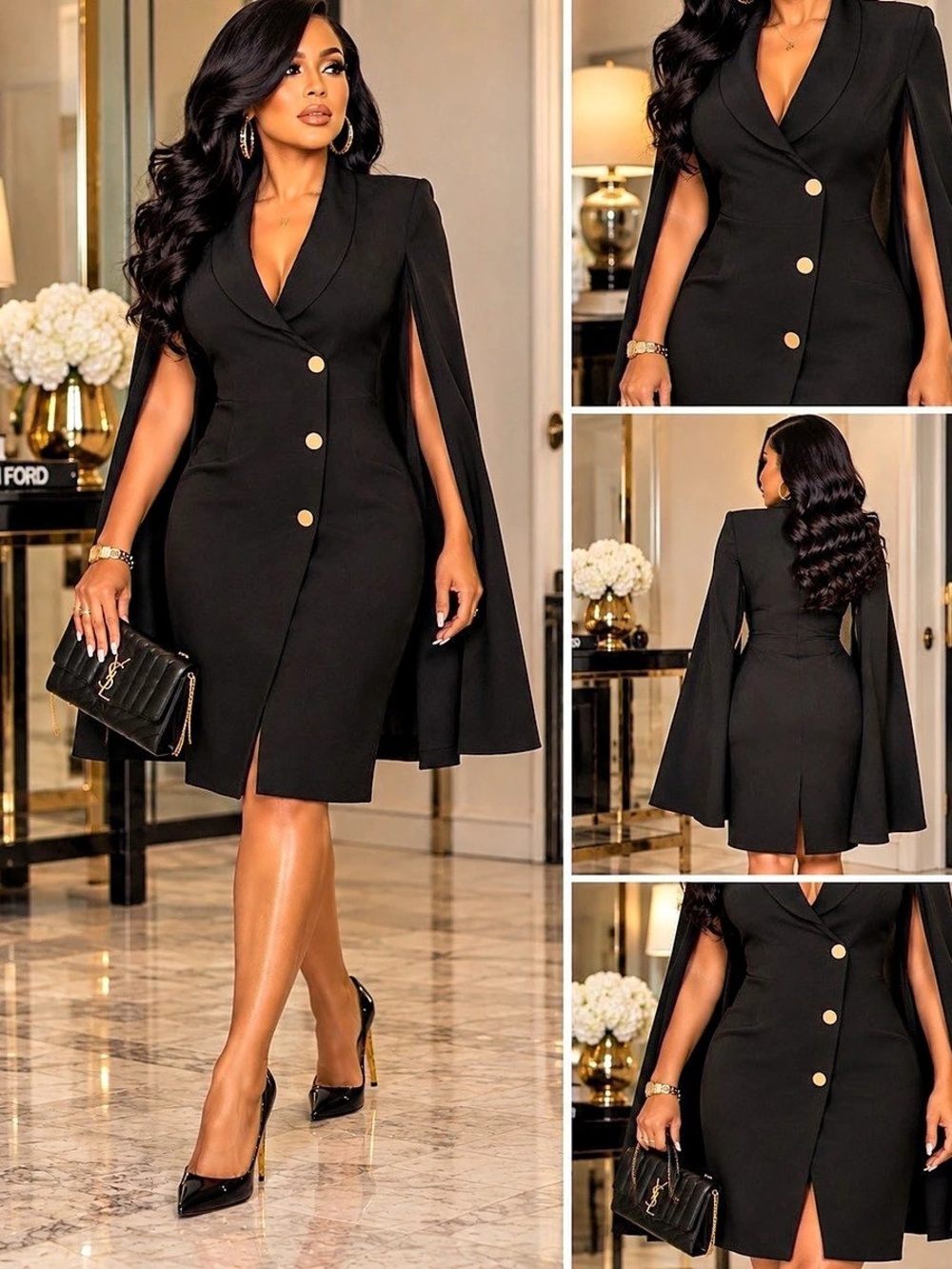 Black Cape Sleeve Midi Dress Like New